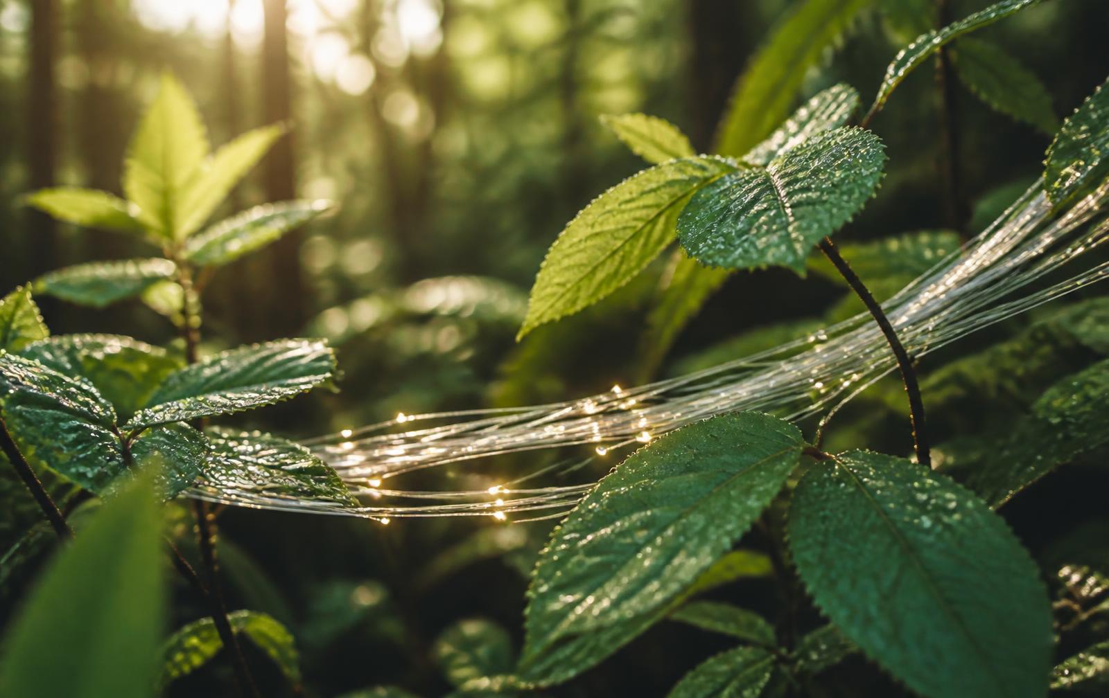 Hojas verdes con fibra óptica iluminada entre la vegetación de un bosque